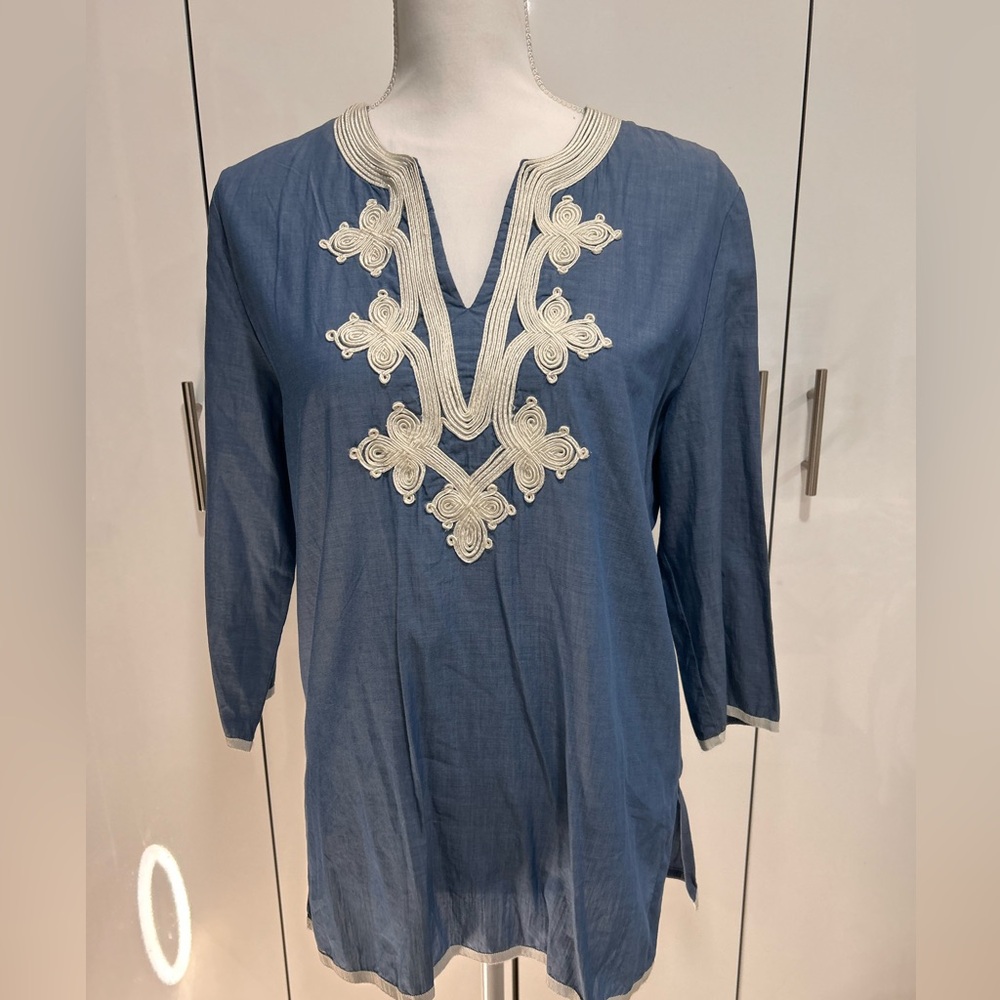 IMAN Blue Tunic with Cream Embroidery